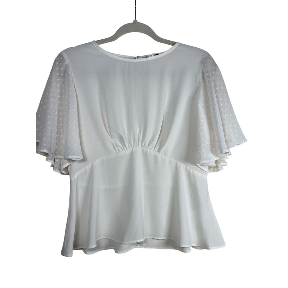 Express Clip Dot Flutter Sleeve Blouse Empire Waist Top Ivory White Small